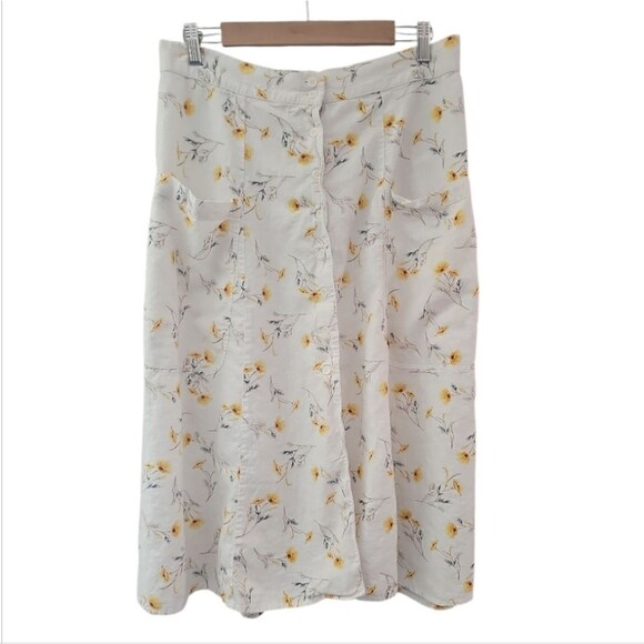 Happy Nature Skirt Sz 14 Linen Viscose Floral Midi Button Front Patch Pockets - Picture 1 of 16